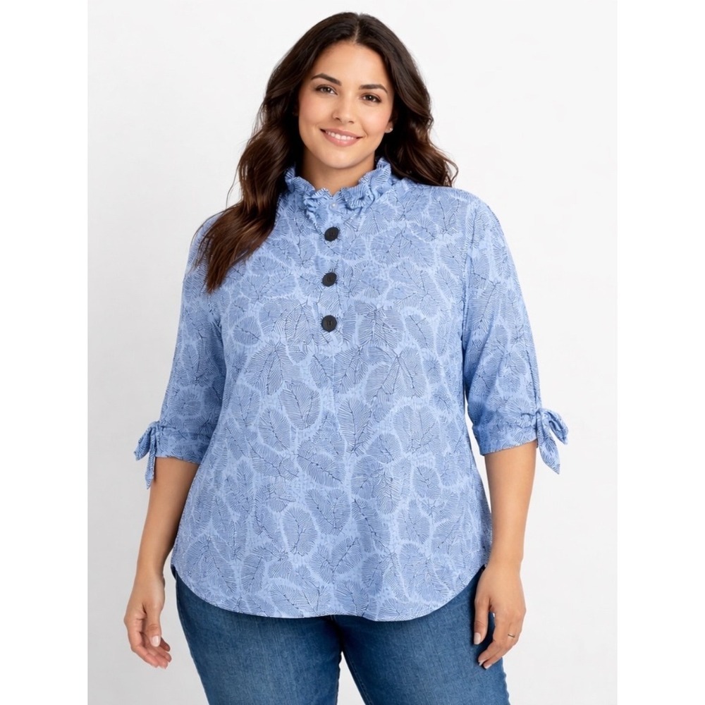 TERRA SJ APPAREL Ruffle Neck Tunic Blouse Top Sze XL Blue Leaf Coastal Lagenlook
